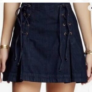 Free People lace up dark wash denim pleated, mini jean skirt